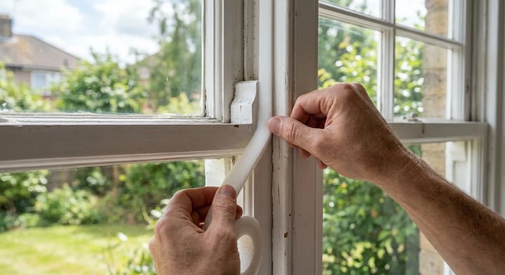 Hands applying white foam weather stripping to a wooden window frame