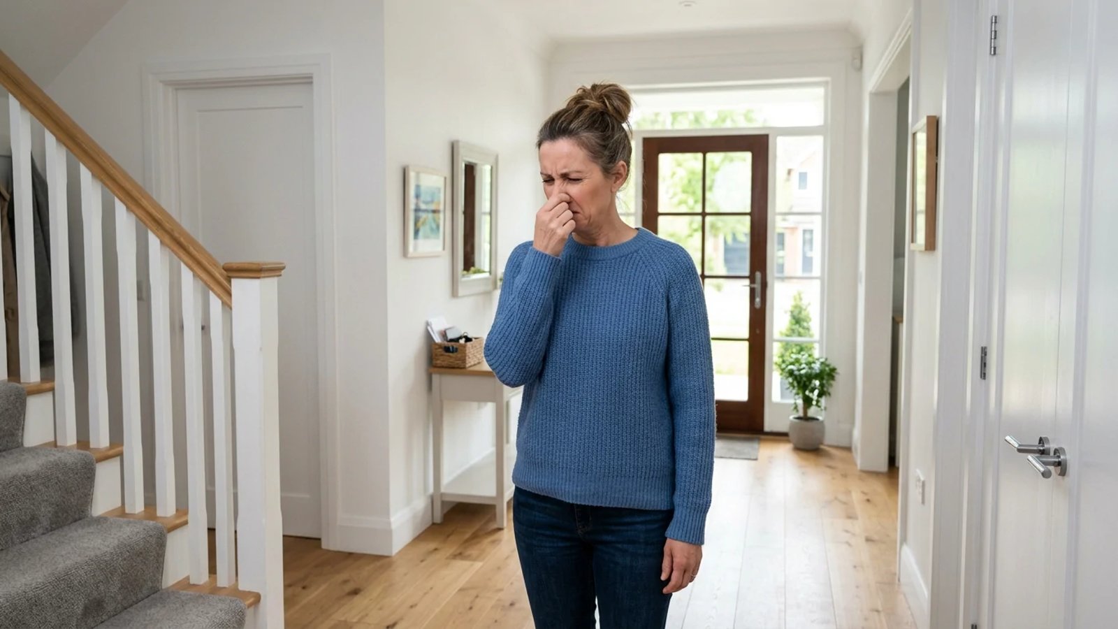 Homeowner pinching their nose due to a bad smell in the house