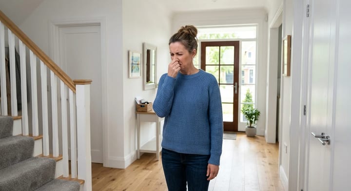 Homeowner pinching their nose due to a bad smell in the house