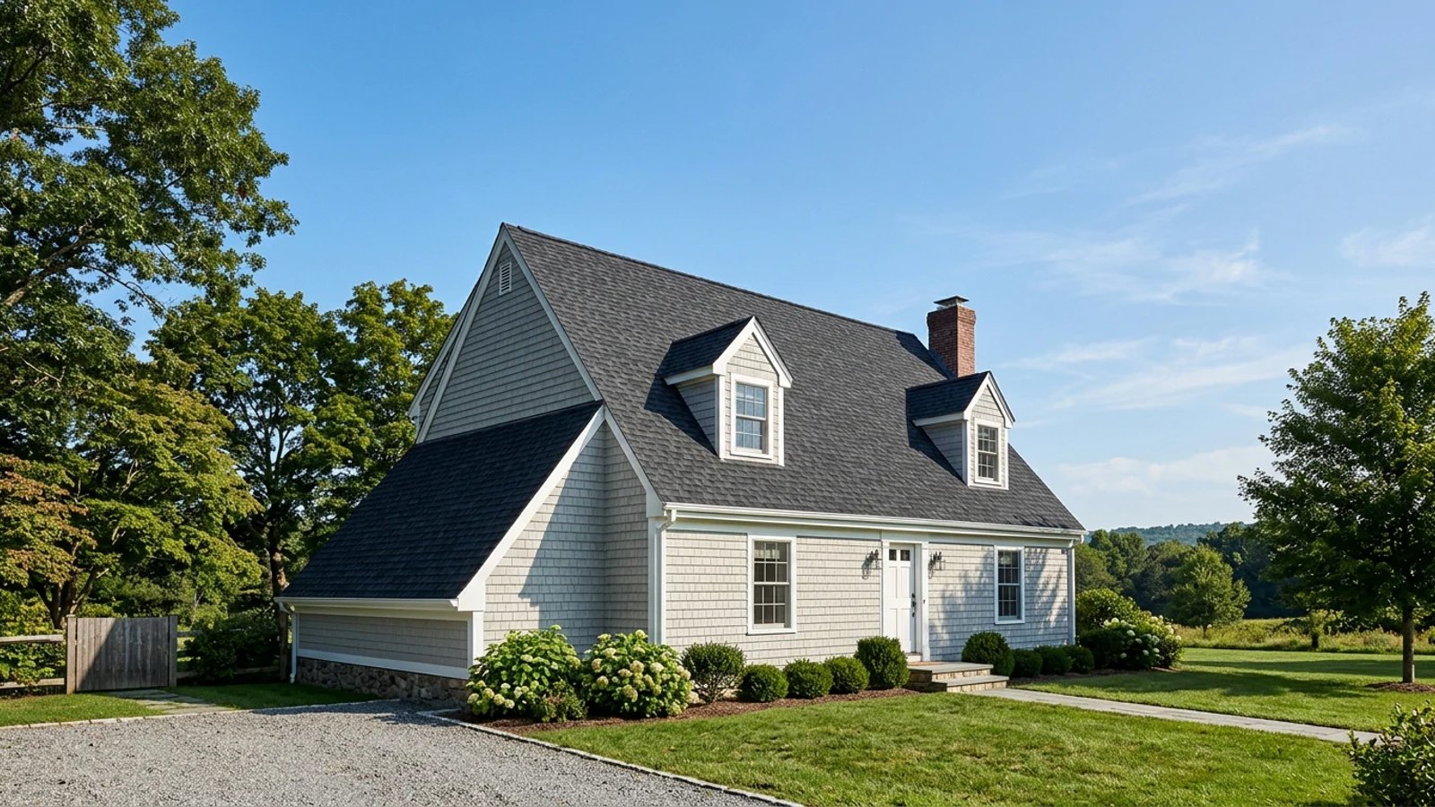A steep 12/12 pitch roof on a residential home against a clear blue sky