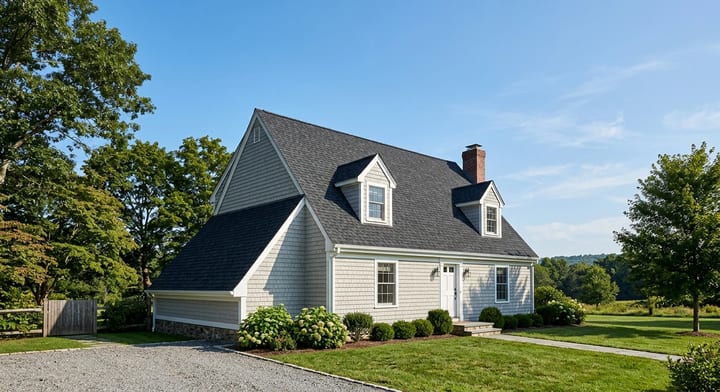 A steep 12/12 pitch roof on a residential home against a clear blue sky