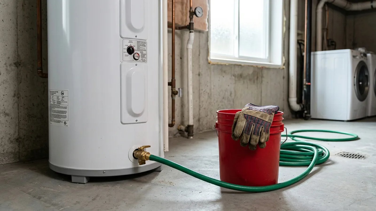 A water heater in a clean utility room with a garden hose attached to the bottom drain valve.