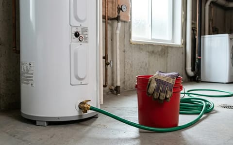 A water heater in a clean utility room with a garden hose attached to the bottom drain valve.