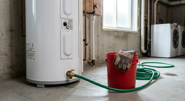 A water heater in a clean utility room with a garden hose attached to the bottom drain valve.