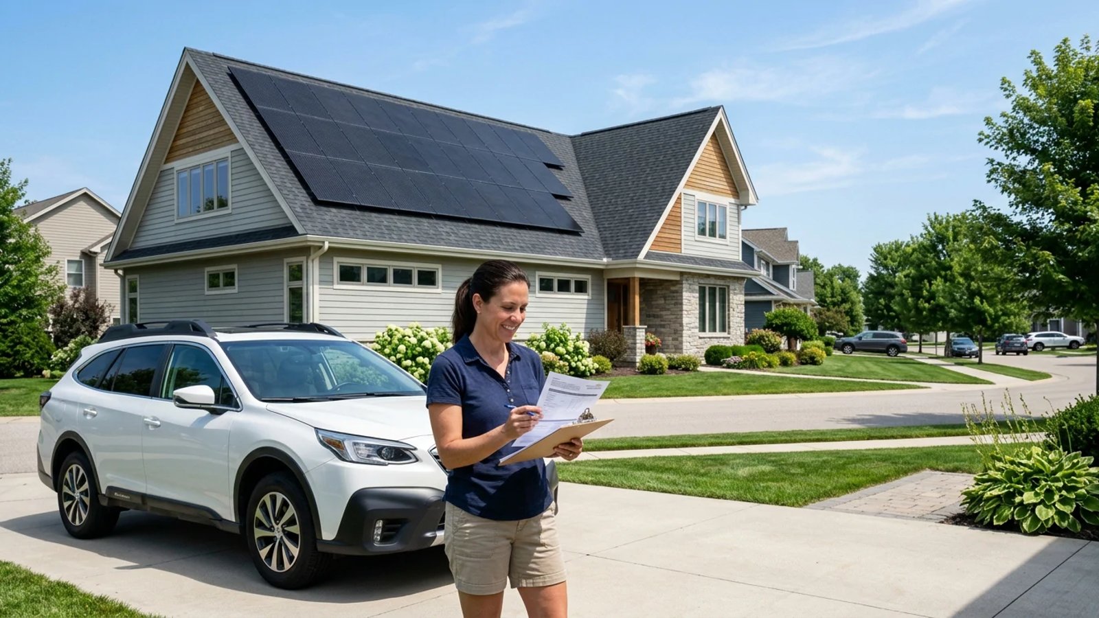 A suburban home with new solar panels and a homeowner looking at a clipboard on the driveway.