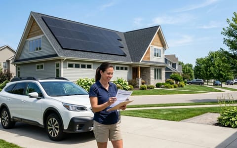 A suburban home with new solar panels and a homeowner looking at a clipboard on the driveway.