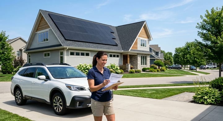 A suburban home with new solar panels and a homeowner looking at a clipboard on the driveway.