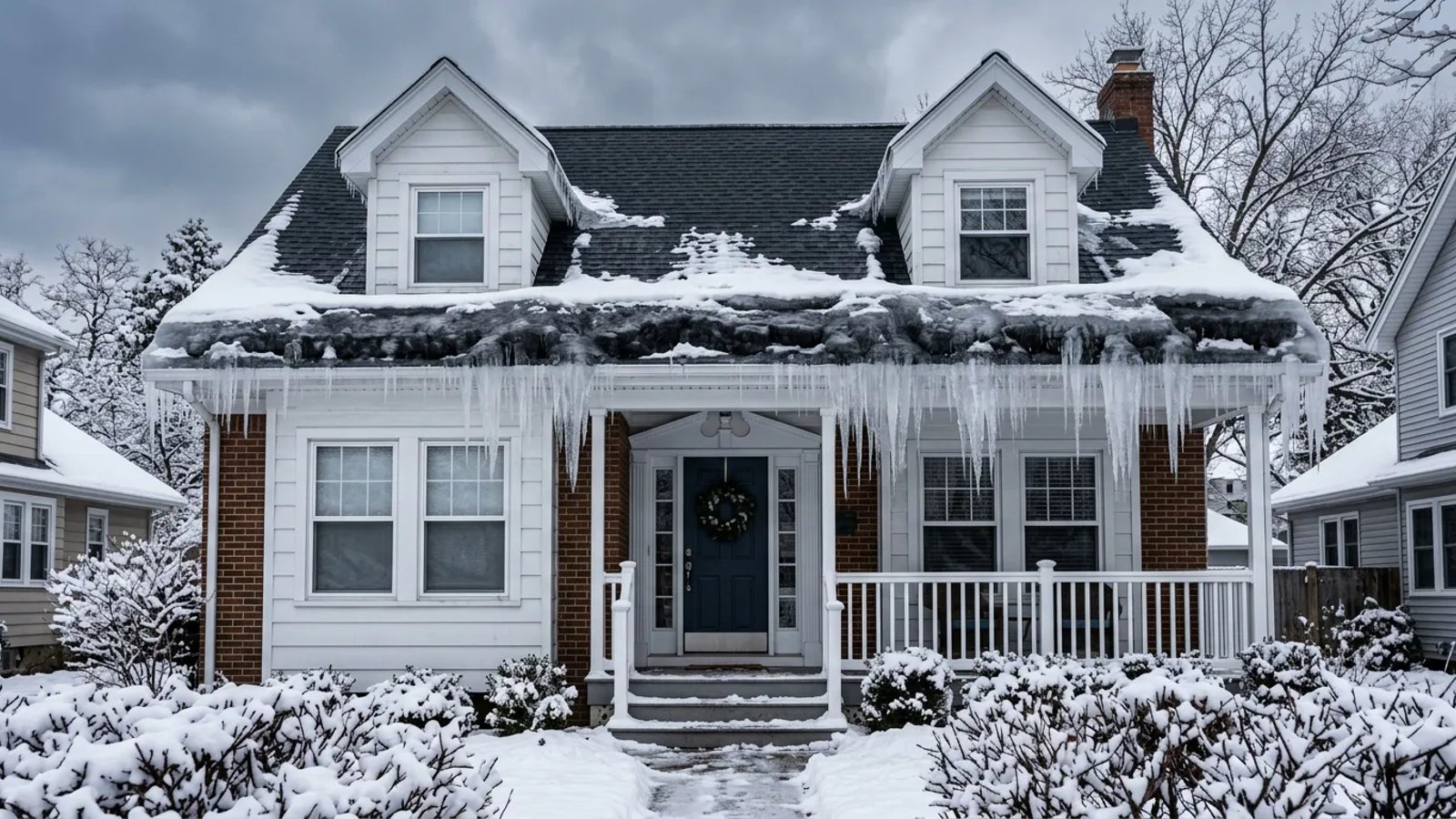 A house roof edge covered in a thick ice dam and large icicles