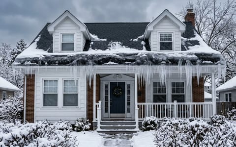 A house roof edge covered in a thick ice dam and large icicles