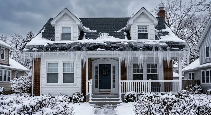 A house roof edge covered in a thick ice dam and large icicles