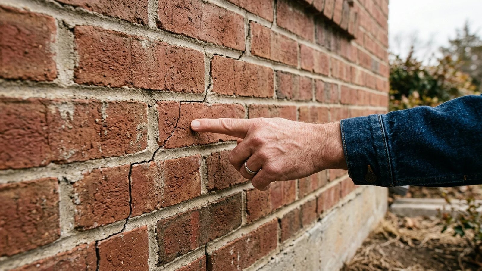 A close-up of a homeowner inspecting a stair-step crack in a brick foundation.