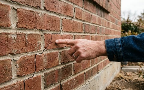 A close-up of a homeowner inspecting a stair-step crack in a brick foundation.