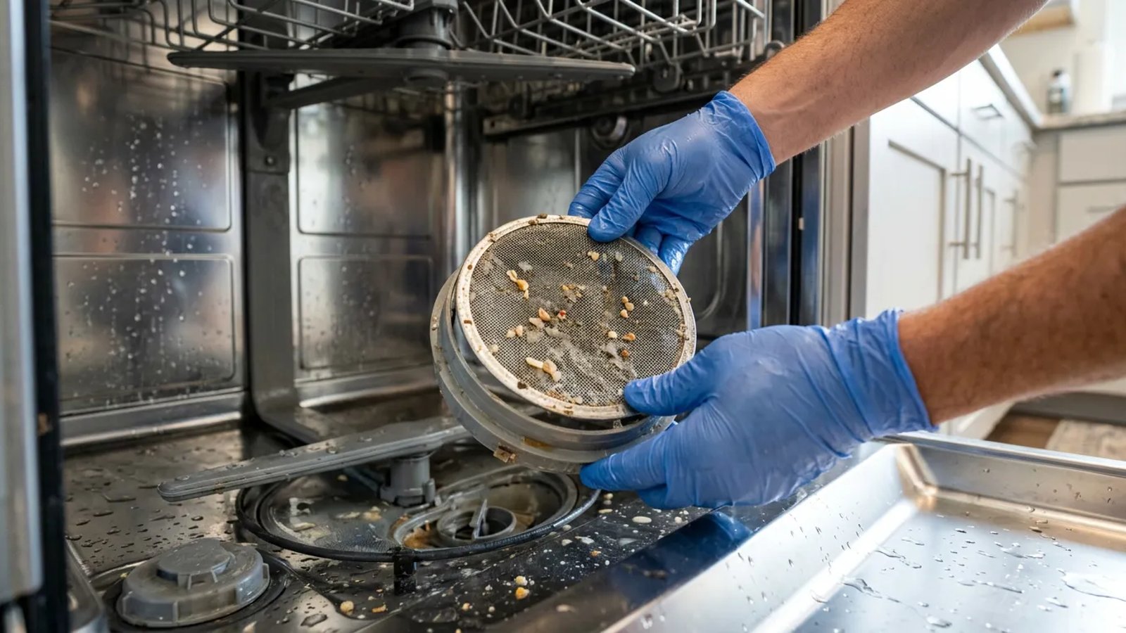 Removing the bottom filter of a dishwasher to access the drain pump and check valve.