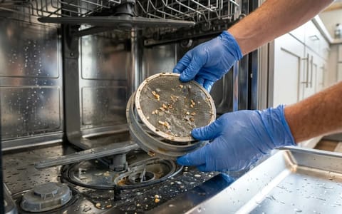 Removing the bottom filter of a dishwasher to access the drain pump and check valve.