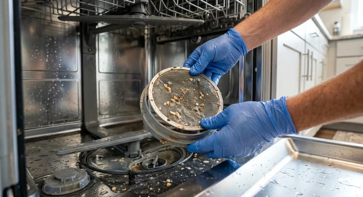 Removing the bottom filter of a dishwasher to access the drain pump and check valve.
