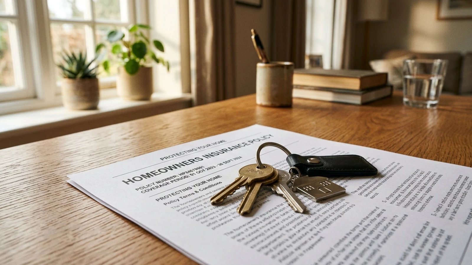 House keys resting on a homeowners insurance policy document.