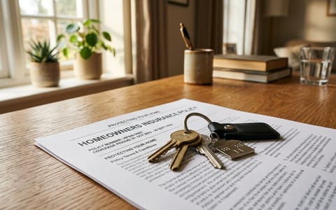 House keys resting on a homeowners insurance policy document.