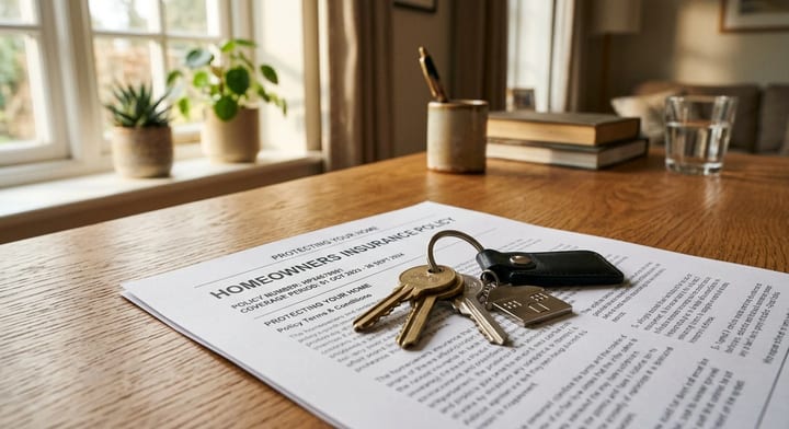 House keys resting on a homeowners insurance policy document.