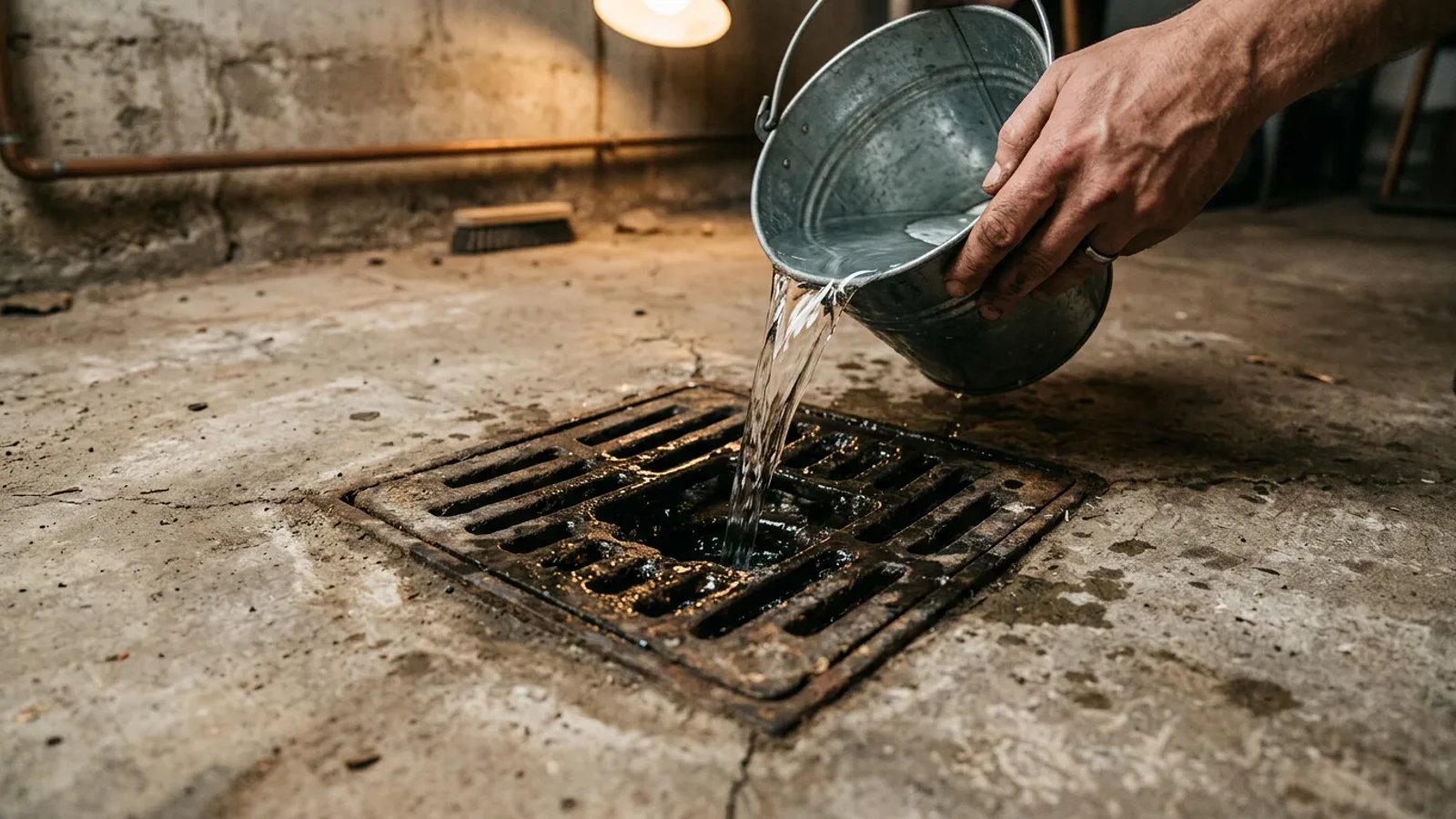 Pouring a bucket of water into a concrete basement floor drain