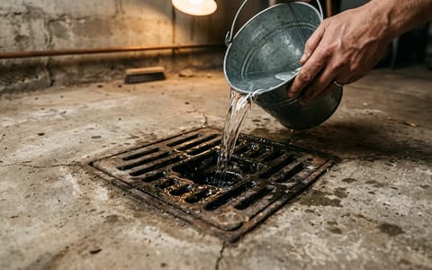 Pouring a bucket of water into a concrete basement floor drain