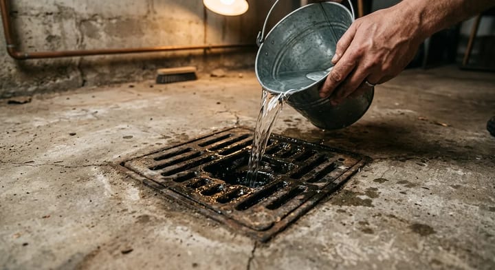 Pouring a bucket of water into a concrete basement floor drain