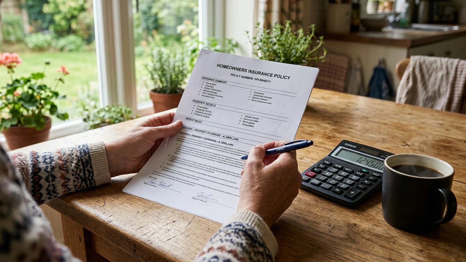 Homeowner reviewing insurance documents and calculating costs at a kitchen table