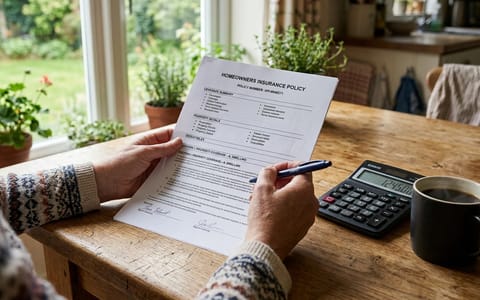 Homeowner reviewing insurance documents and calculating costs at a kitchen table