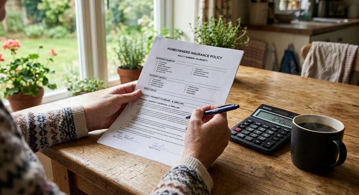Homeowner reviewing insurance documents and calculating costs at a kitchen table
