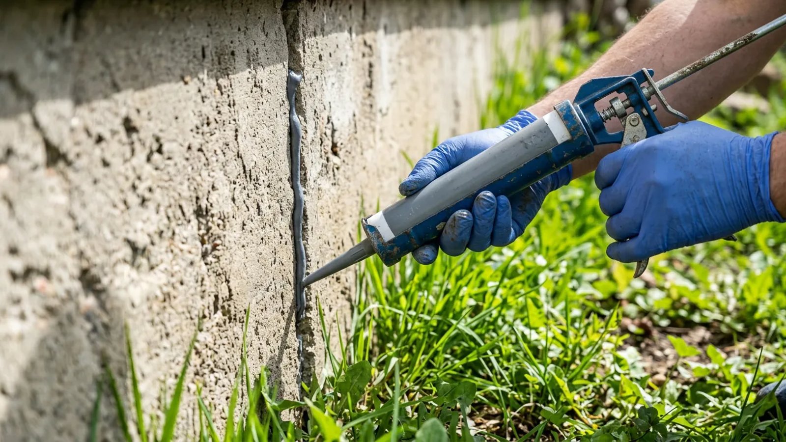Homeowner applying caulk to a foundation crack to prevent pests from entering.