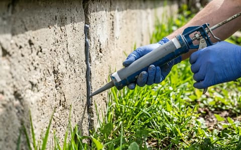 Homeowner applying caulk to a foundation crack to prevent pests from entering.