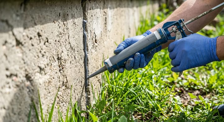 Homeowner applying caulk to a foundation crack to prevent pests from entering.