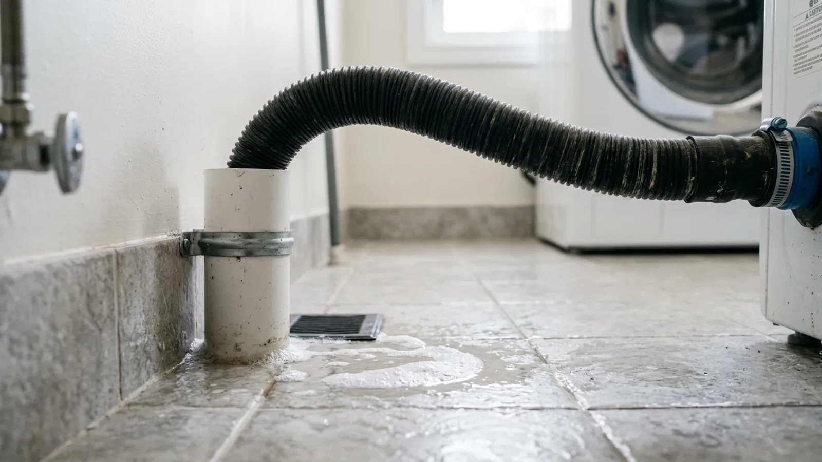 Washing machine discharge hose backing up and spilling water onto a tiled laundry room floor