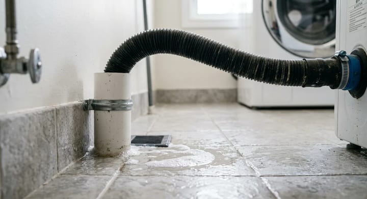Washing machine discharge hose backing up and spilling water onto a tiled laundry room floor