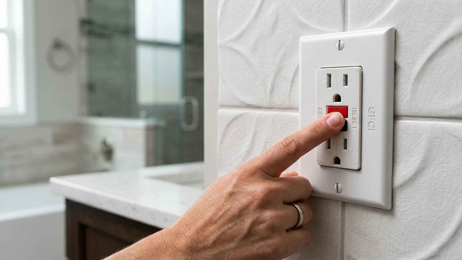 Hand pressing the reset button on a white bathroom GFCI outlet