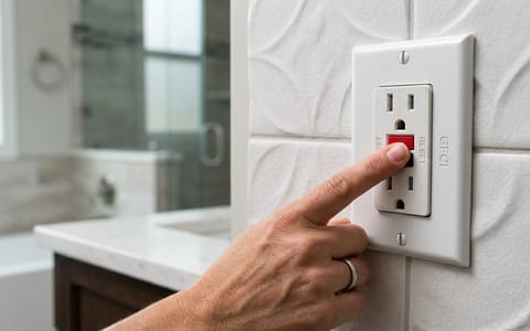 Hand pressing the reset button on a white bathroom GFCI outlet