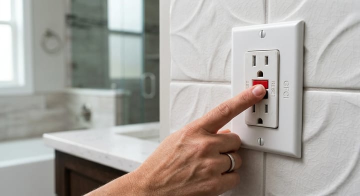 Hand pressing the reset button on a white bathroom GFCI outlet