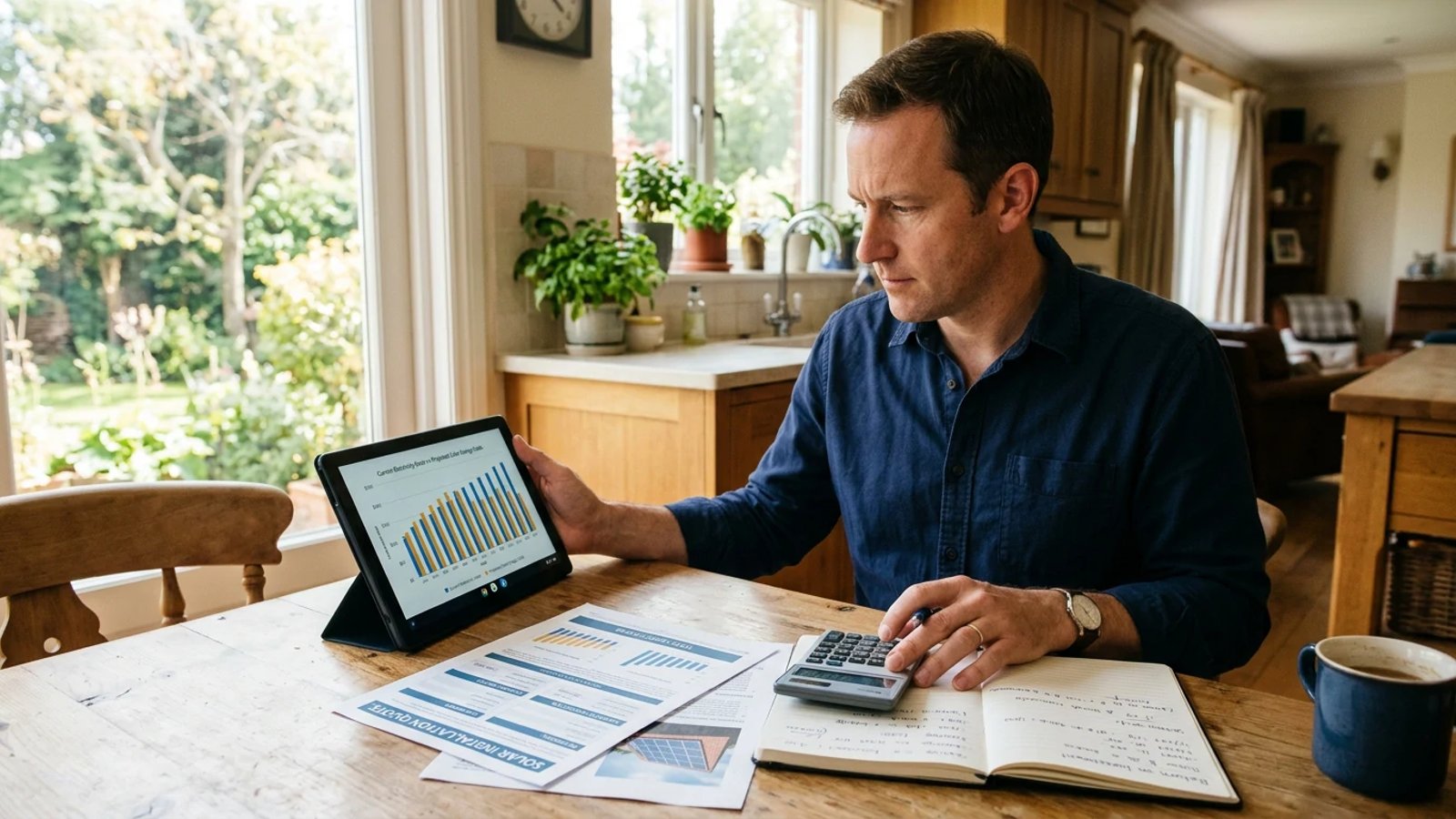 Homeowner reviewing solar panel installation quotes and calculating costs at a kitchen table