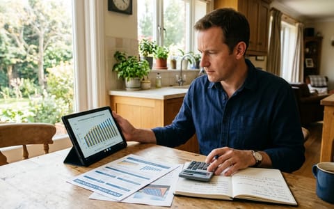 Homeowner reviewing solar panel installation quotes and calculating costs at a kitchen table