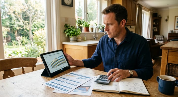 Homeowner reviewing solar panel installation quotes and calculating costs at a kitchen table
