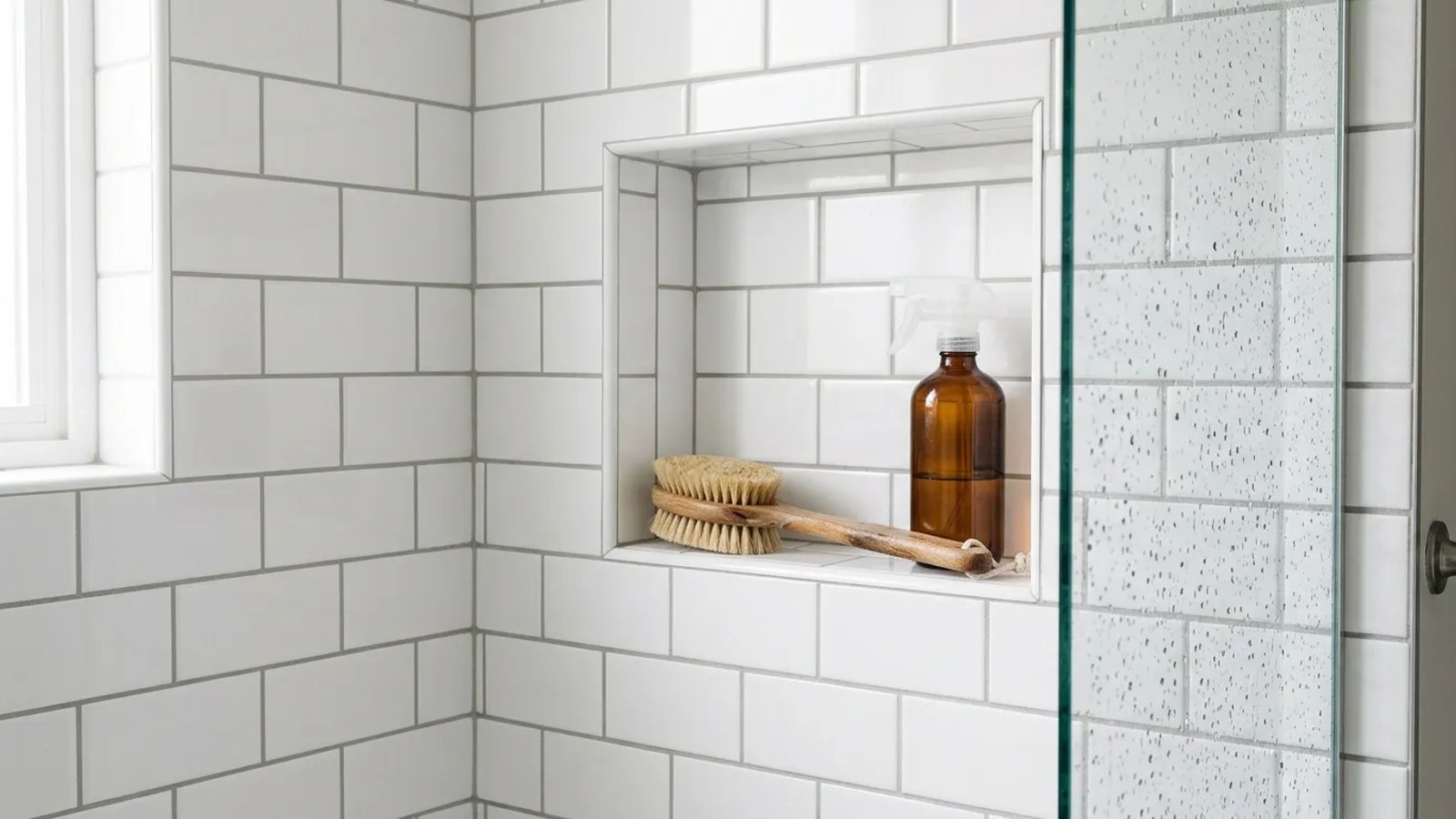 Clean shower tiles and grout with a scrub brush resting on a shower niche.