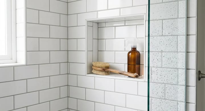 Clean shower tiles and grout with a scrub brush resting on a shower niche.