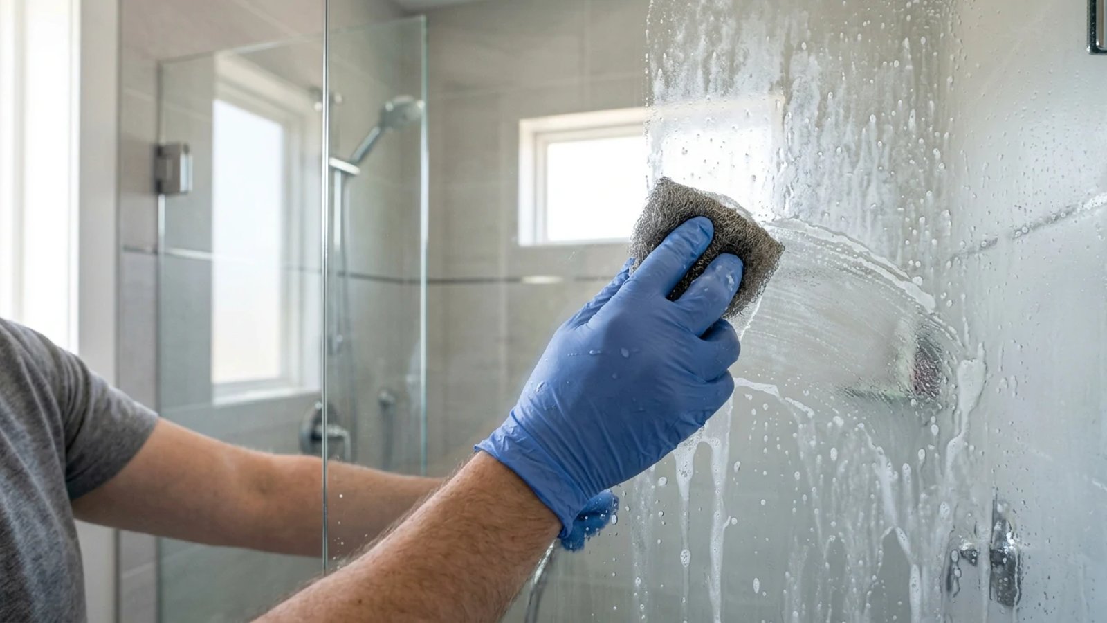Scrubbing a cloudy glass shower door with 0000 steel wool and soapy water to remove hard water stains.