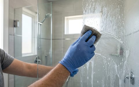 Scrubbing a cloudy glass shower door with 0000 steel wool and soapy water to remove hard water stains.