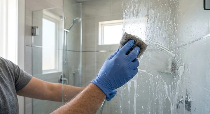 Scrubbing a cloudy glass shower door with 0000 steel wool and soapy water to remove hard water stains.