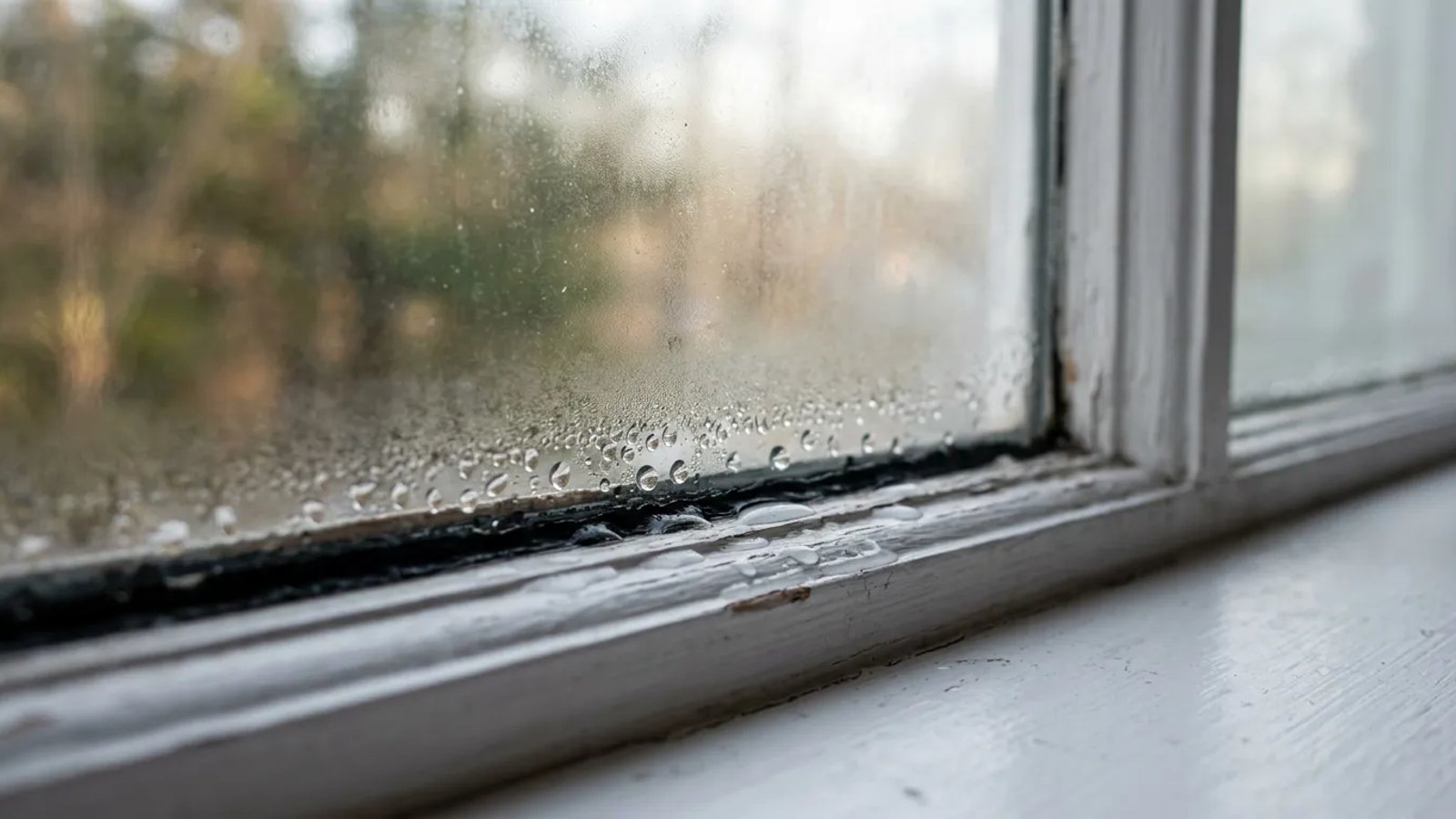 Water droplets forming on the inside of a foggy window pane and pooling on the wooden sill