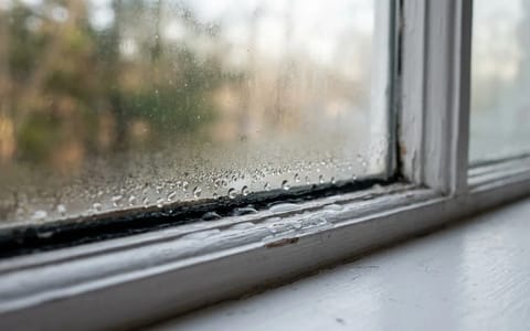 Water droplets forming on the inside of a foggy window pane and pooling on the wooden sill