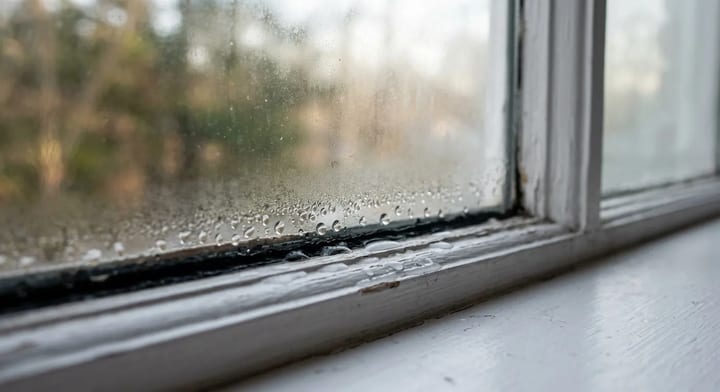 Water droplets forming on the inside of a foggy window pane and pooling on the wooden sill