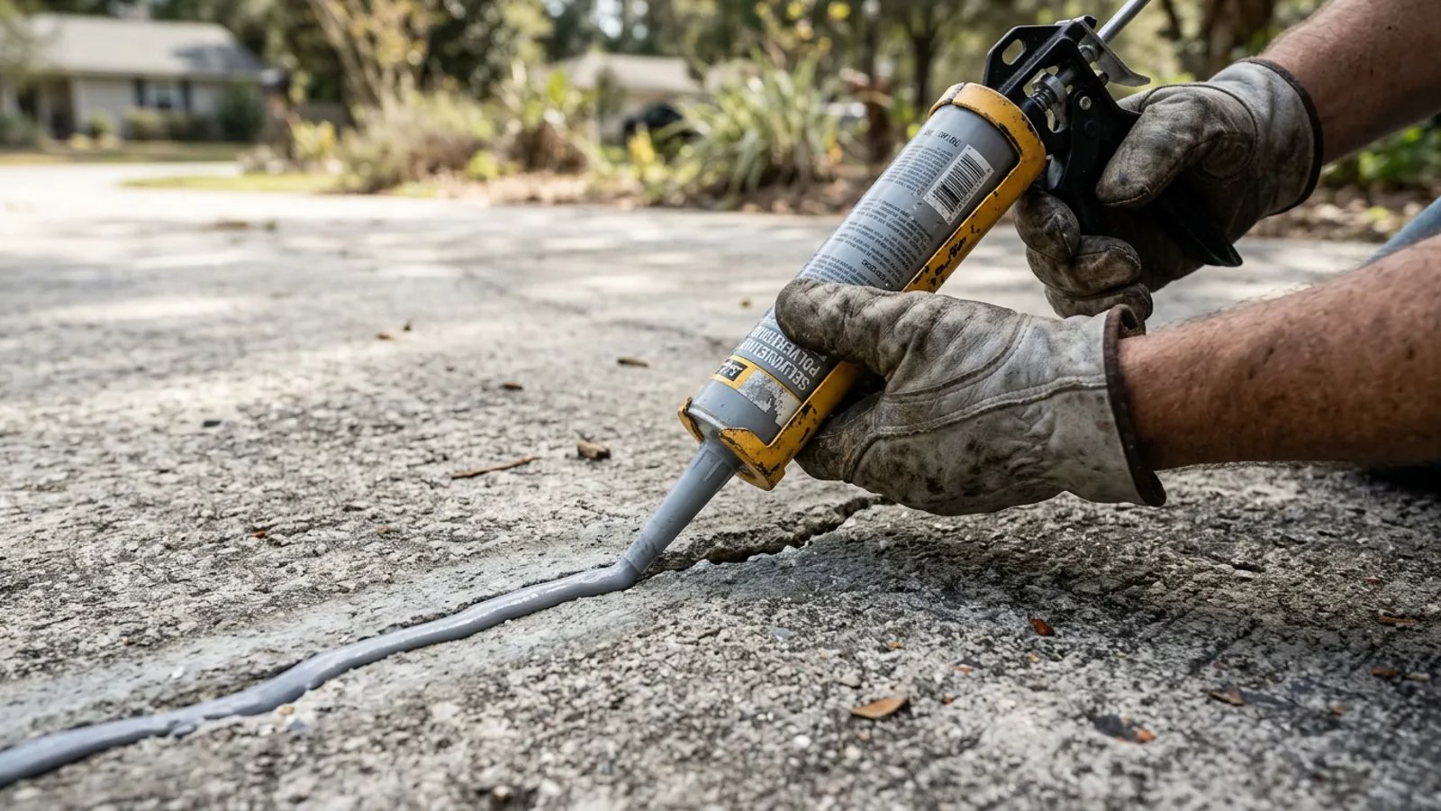Applying gray polyurethane sealant into a concrete driveway crack using a caulking gun.