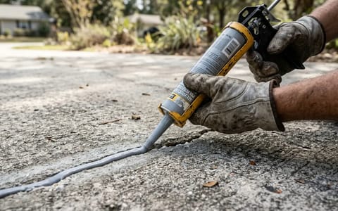Applying gray polyurethane sealant into a concrete driveway crack using a caulking gun.