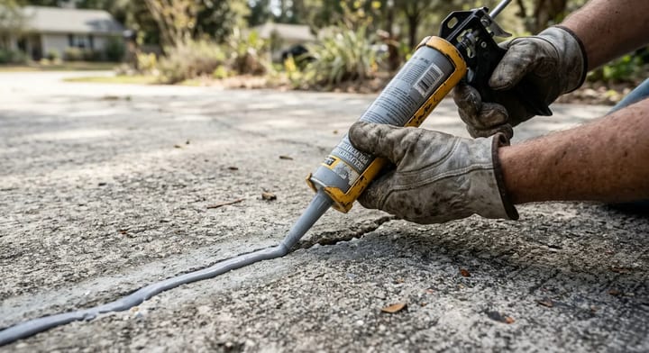 Applying gray polyurethane sealant into a concrete driveway crack using a caulking gun.